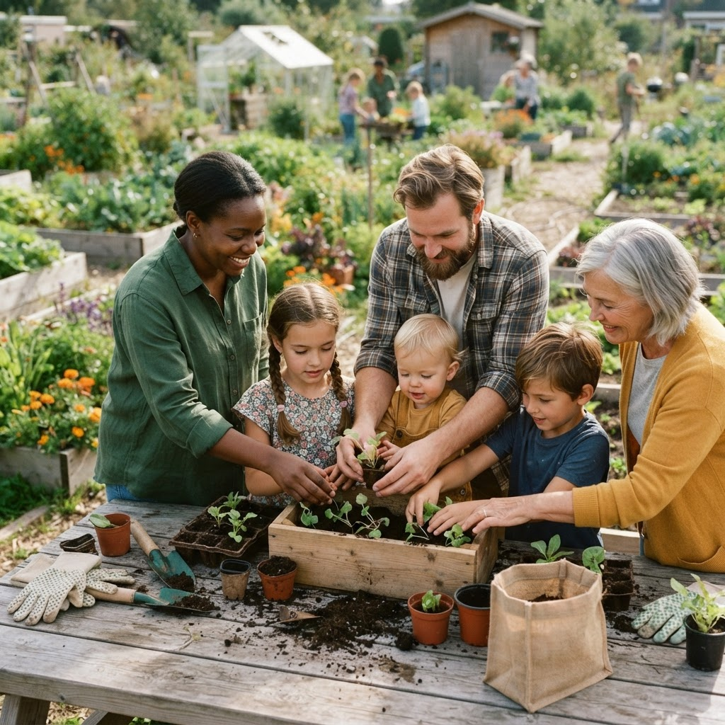 People planting seedlings together in a community garden