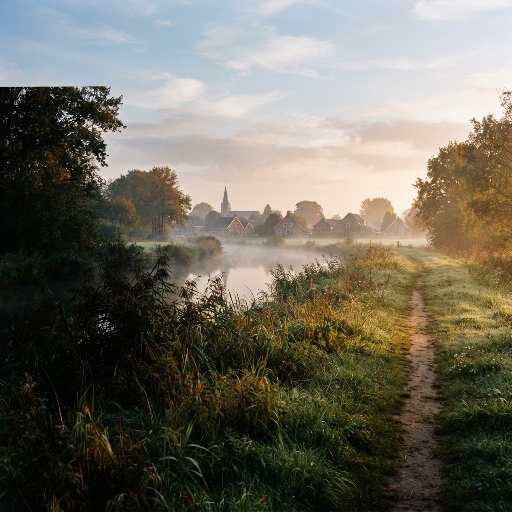 A peaceful Dutch river landscape at dawn